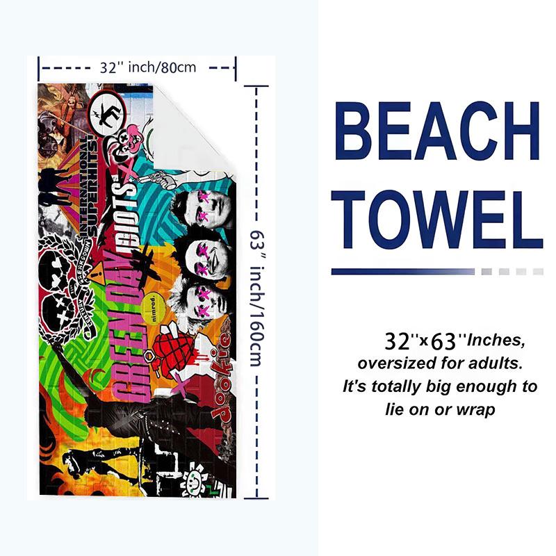 Band Green Day Print Beach Towel, Large Soft Quick Dry Towel for Beach Camping Swimming