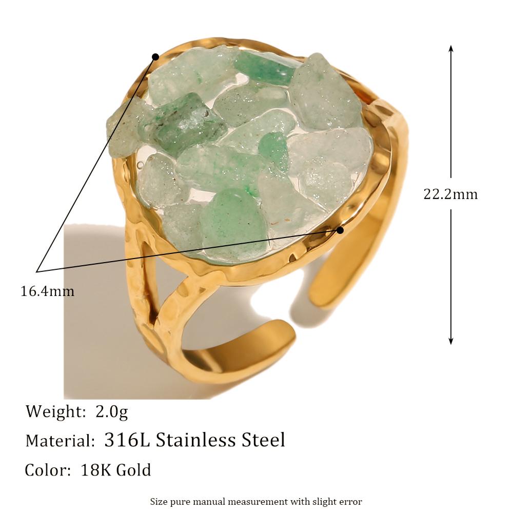 MamacitaSlay Unique 18K Gold Plated Stainless Steel Natural Stone Opening Ring Waterproof Jewelry Women's Retro Elegant Jewelry