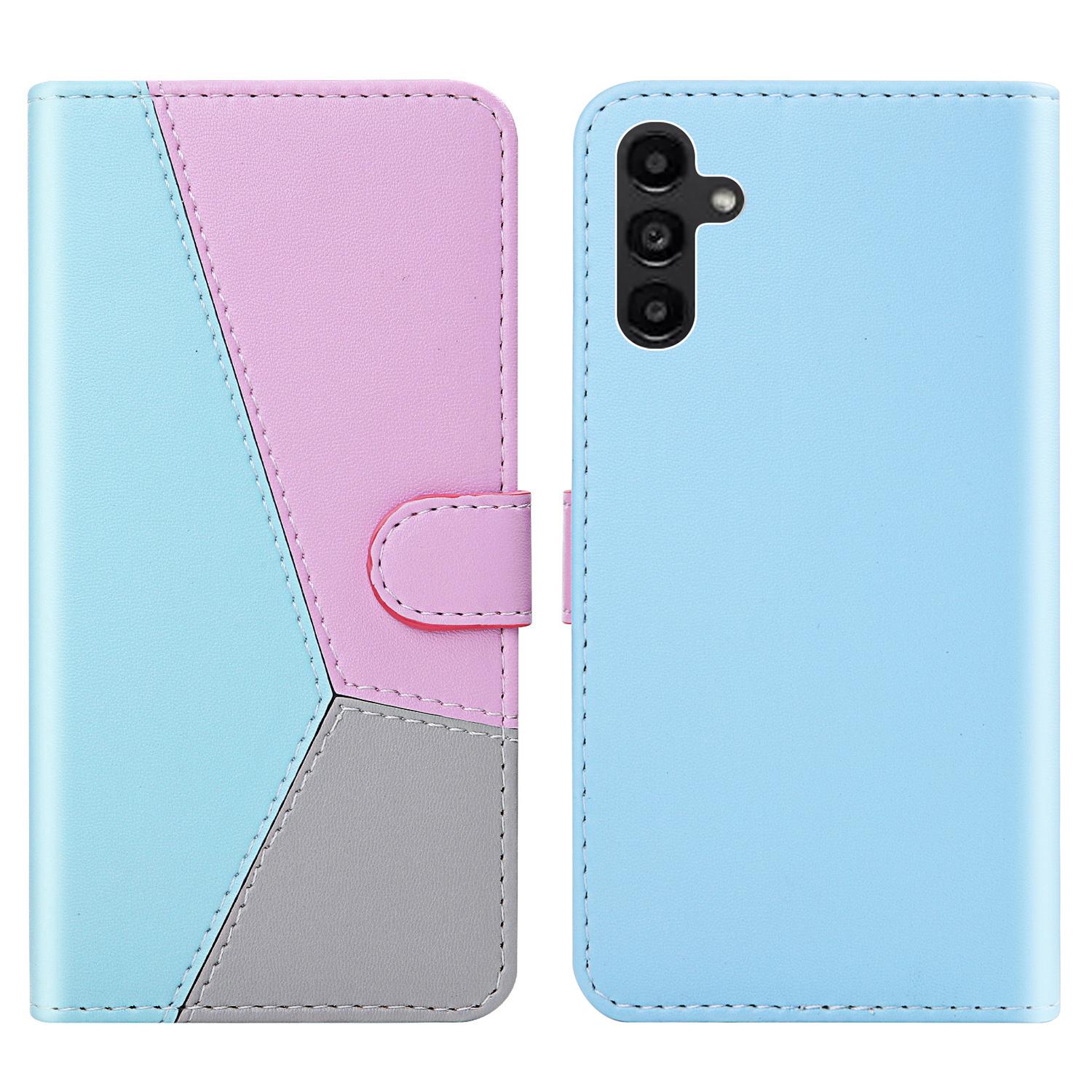 

For Samsung Galaxy A35 5G Case Color Splicing Leather Phone Protective Cover Blue+Purple+Grey