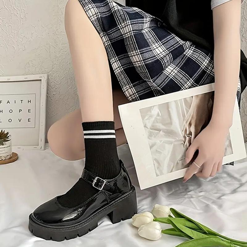 Black Platform Pumps Women's Ankle Buckle Japanese Patent Leather Mary Jane Shoes Punk Thick Heels Lolita Footwear