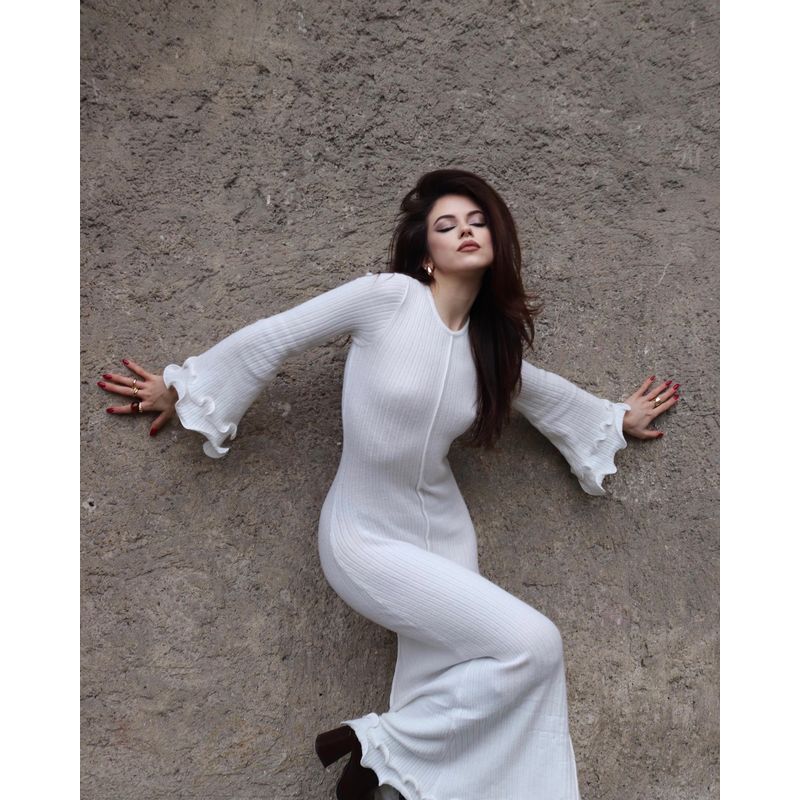 

Western Style Fashion Casual round Neck Long sleeve Wooden Ear Dress round Neck Neck Backless Dress White XL