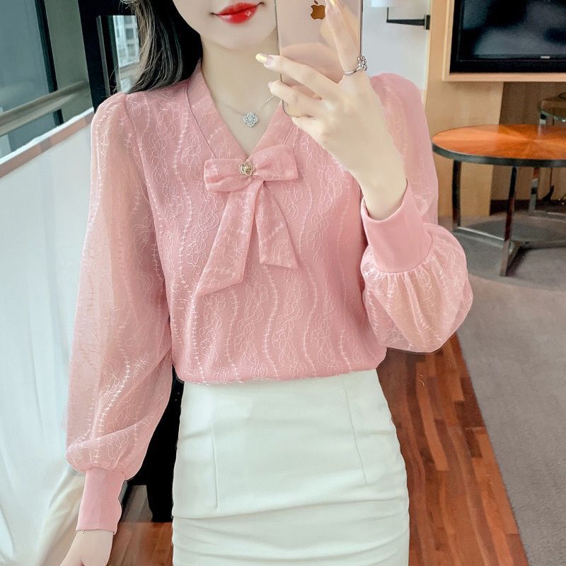 Camicia da Donna Dolcevita con Fiocco Stile Coreano Manica Lunga Dolce
