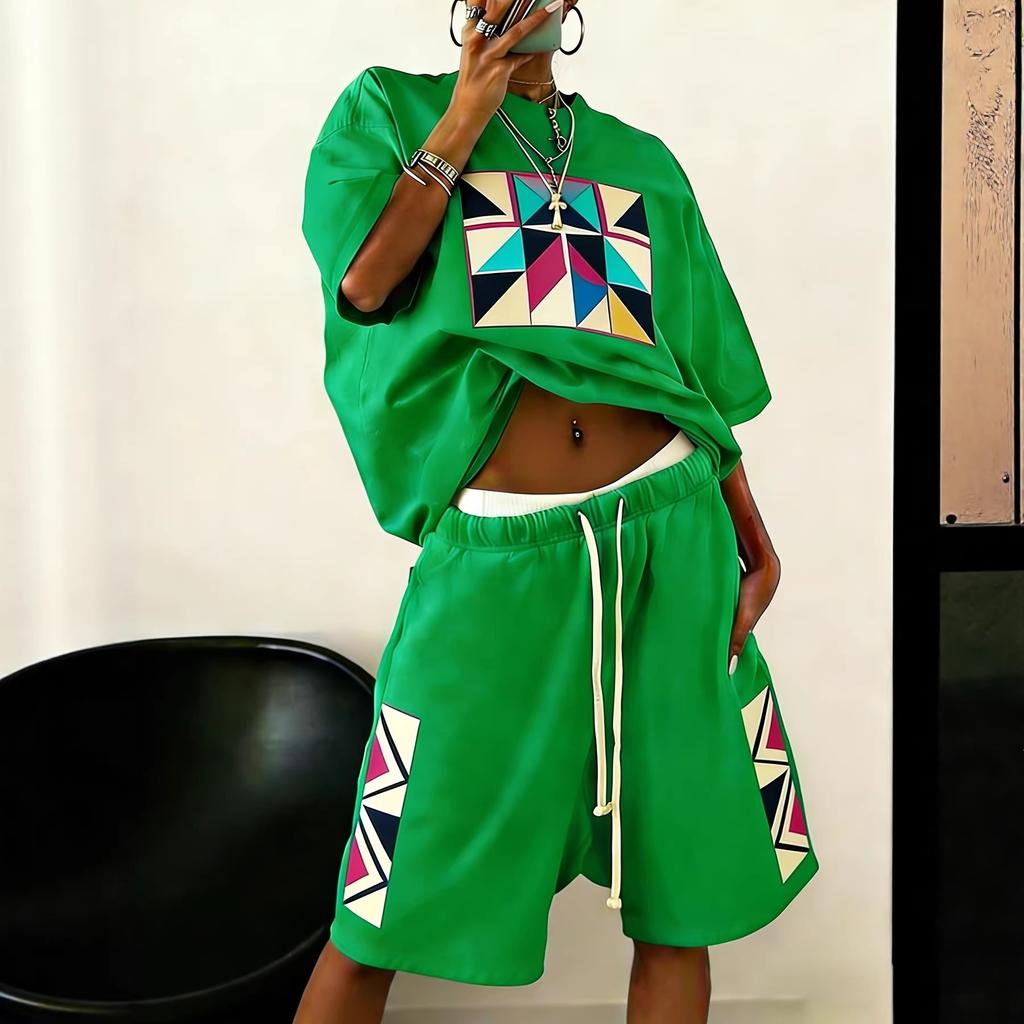 Hip-hop Style Printed Short-sleeved Suit Women's Casual Loose Top and Shorts Are Breathable, Lightweight and Trendy Versatile Two-piece Set