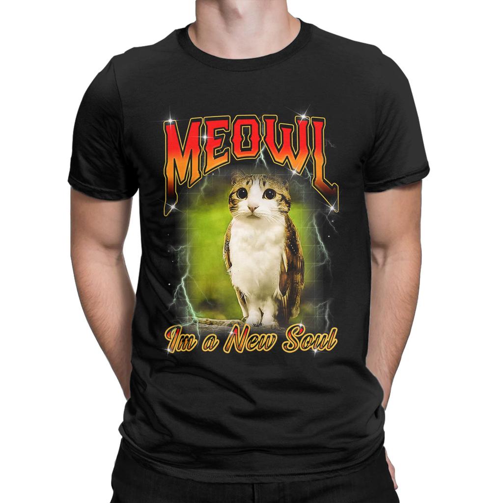 Humor Cat Owl Funny Cursed Internet Brainrot Bootleg Meowl TShirts Men 100 Cotton T Shirts Short Sleeve Plus Size Clothing