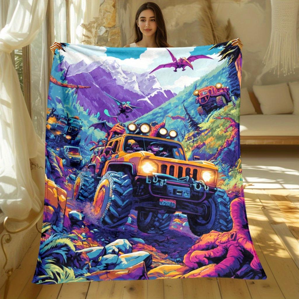 1pc Adventure Offroad Vehicles Mountains Jungle Dinosaurs Colorful Print Flannel Blanket Outdoor Themed Blanket for Teens