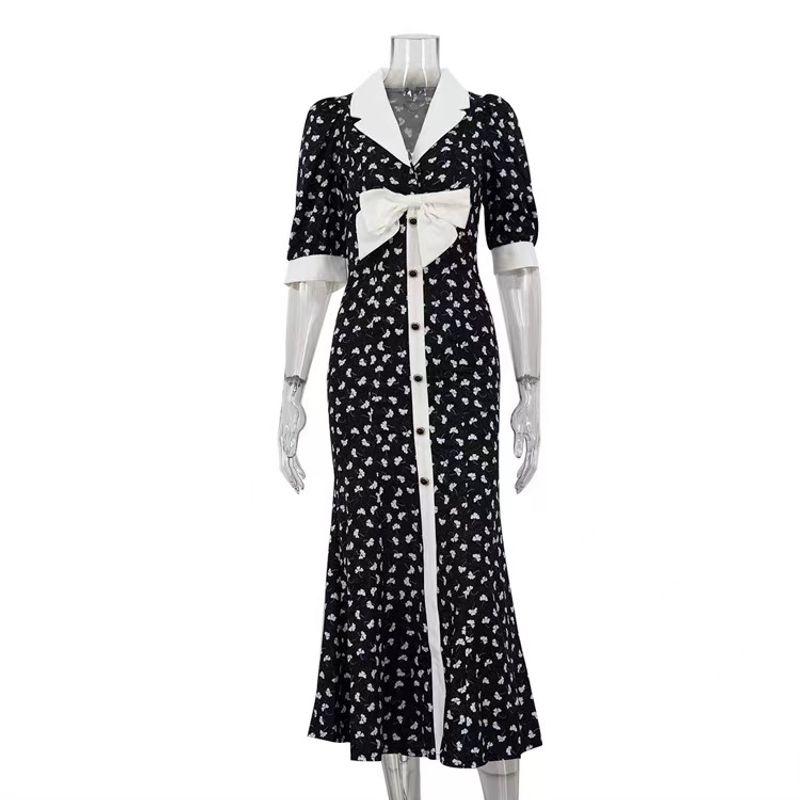 

Western Style New Fashion Temperament Print Lapel Ribbon dress Bow Tie Printed Dress Black S