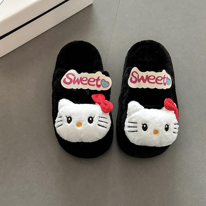 Cartoon Hello Kitty thick-soled warm fluffy shoes for women's 2025 autumn and winter new fashionable retro Velcro bag head slippers