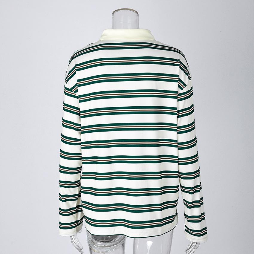Spring New Loose Striped POLO Collar Long-Sleeve Top With A Stylish Design Suitable For Casual And Commuting