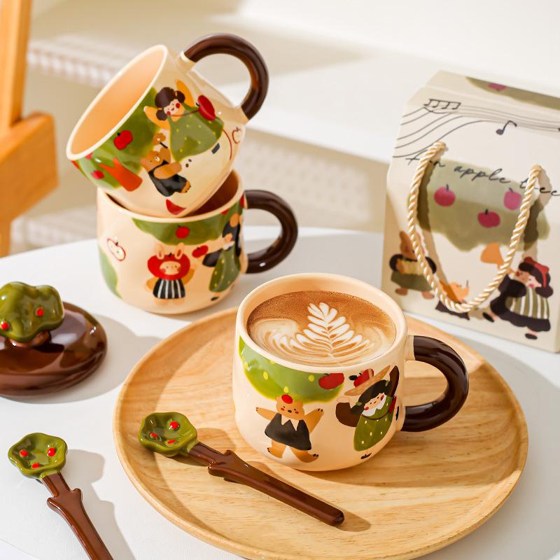 Apple Tree Girl Ceramic Vintage High Value With Lid Spoon Office Water Cup Coffee Cup Breakfast Cup