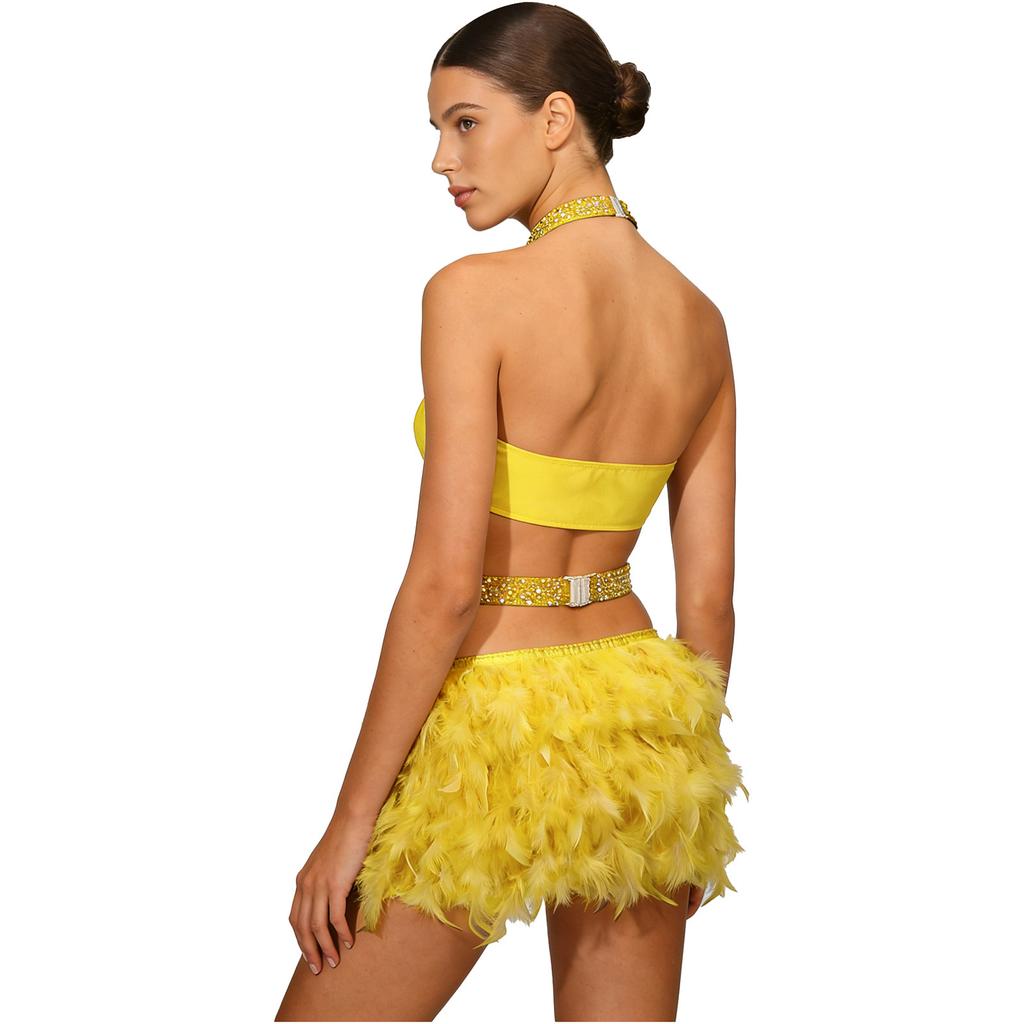 Damen Funkelnde Strass Tanz Bodysuit Kunstfeder Akzente Neckholder Rückenfrei Ärmellos Leotard Latein Kostüm