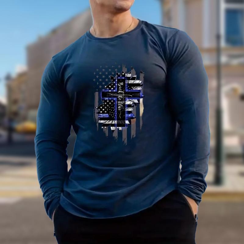 Creative Cross Print Men's Tshirts Long Sleeve Tees Round Neck Casual Pullover Men's Clothing Plus Size