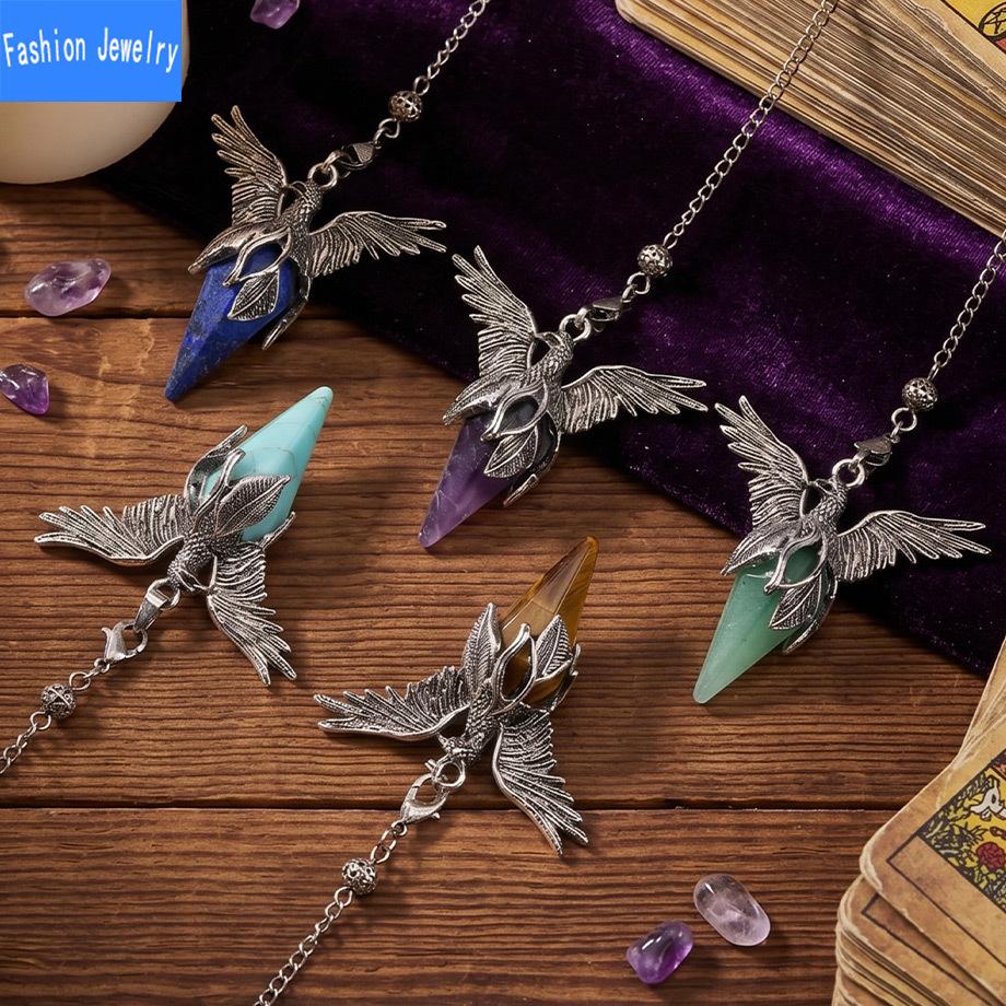 Natural crystal stone hexagonal cone phoenix wings pendant retro pendulum peace dove pendant