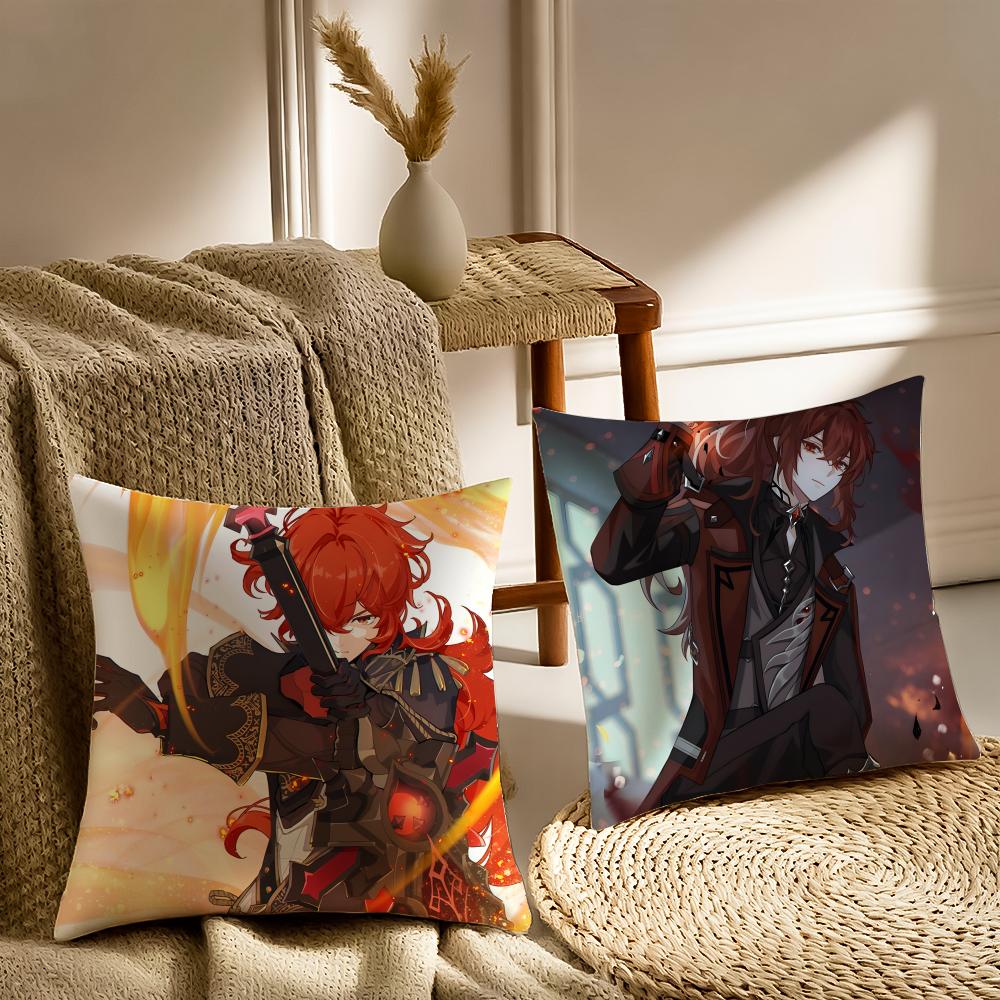 Game Genshin Diluc Cushion Cover Washable Linen Pillowcase Soft For Sofa Bed Cozy Home Room Decor