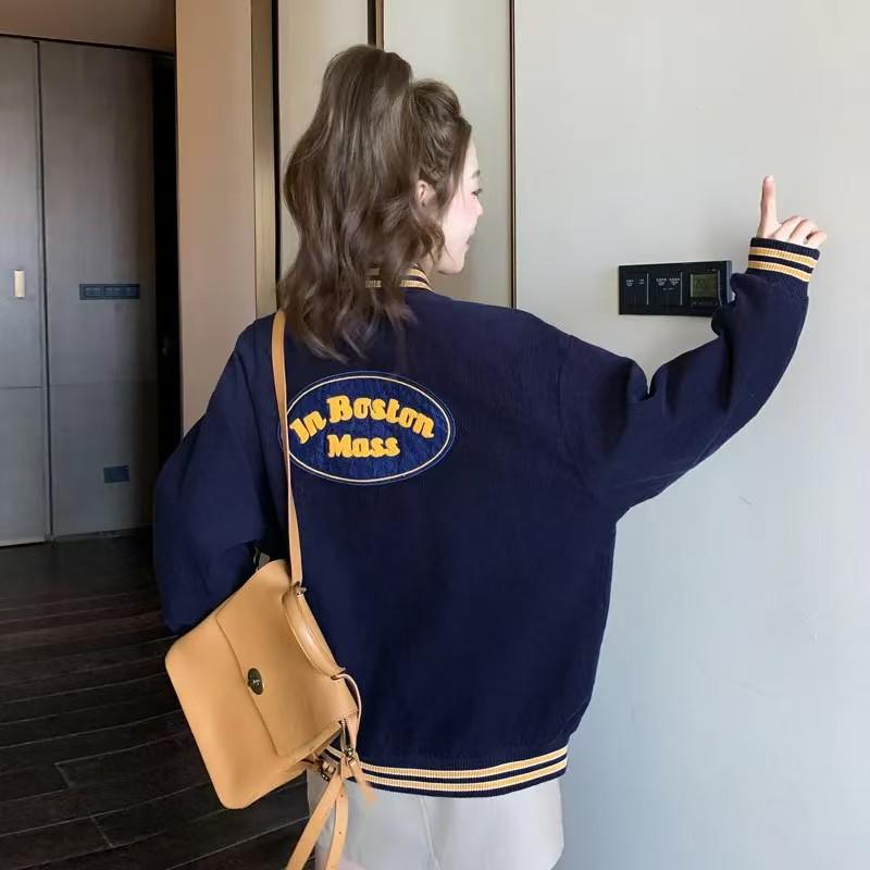 Dark Blue Korean-Style Women's Academic Baseball Jacket - Spring Short Coat
