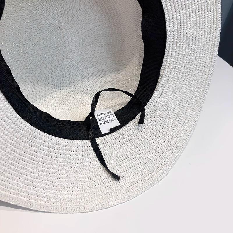 Braided Flat Top Straw Hat - UV Protection, Summer Vacation Style with Letter Logo for Men and Women