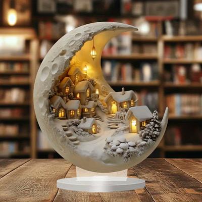 Schneehaus Mond Acryl Ornament 2D Flach Halbmond Tischschild mit Sockel Heim Büro Desktop Dekoration Ornament