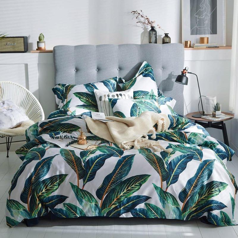 Duvet Cover Set Tropical Leaves Bedding Set,3 Piece Egyptian Cotton Green Quilt Cover with Zipper Closure