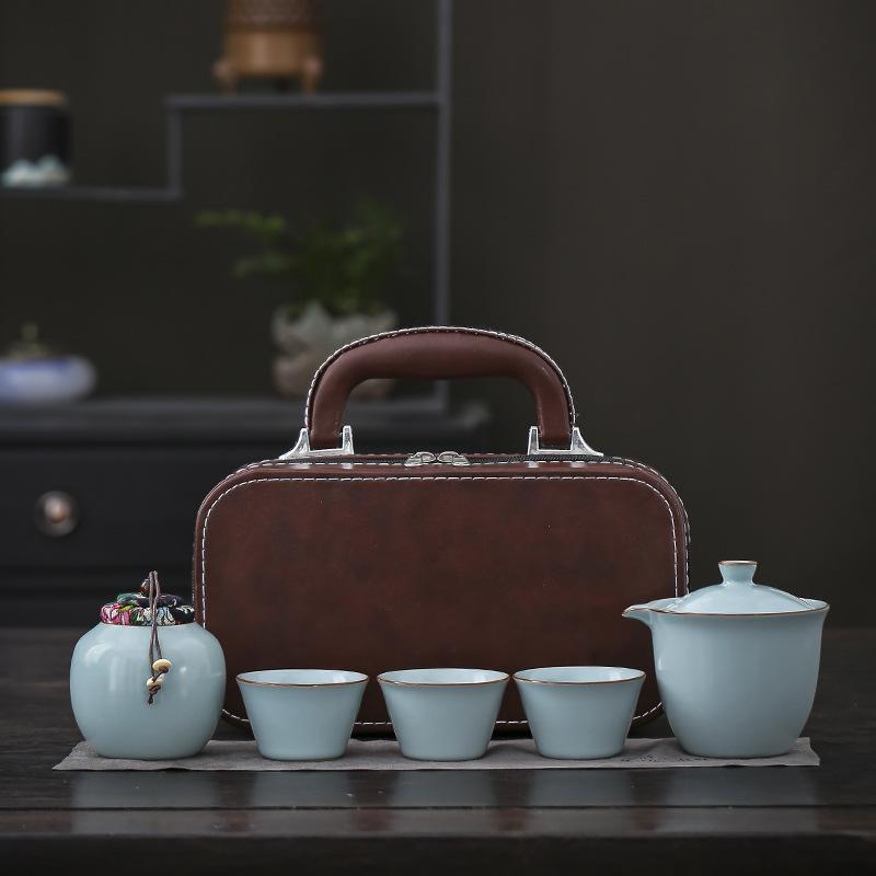 Travel tea set Convenient outdoor ceramic Ru kiln Kuaike cup set Business event souvenir