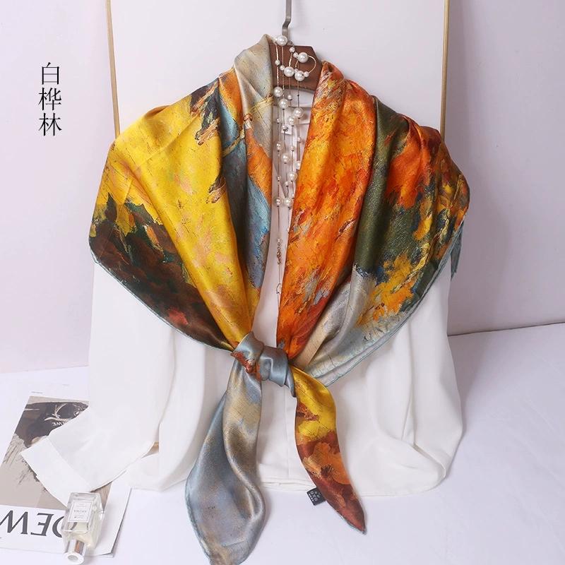 

Hangzhou Pure Silk Scarf Women Neck Foulard Square Small Headband Vintage Rolled Edge 110cm Neckerchief Scarves Bandana 110x110cm
