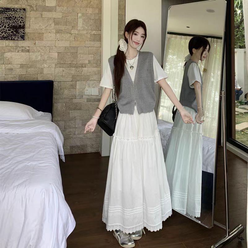 Summer Korean Color Block A-Line Knitwear and White Two-Piece Skirt Set Small