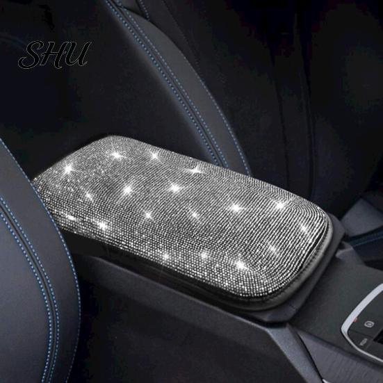 Removable Car Armrest Cover Bling Rhinestone Universal Rectangle Elastic Band Auto Cushion Center Console Protector Pad Mat Interior Accessories
