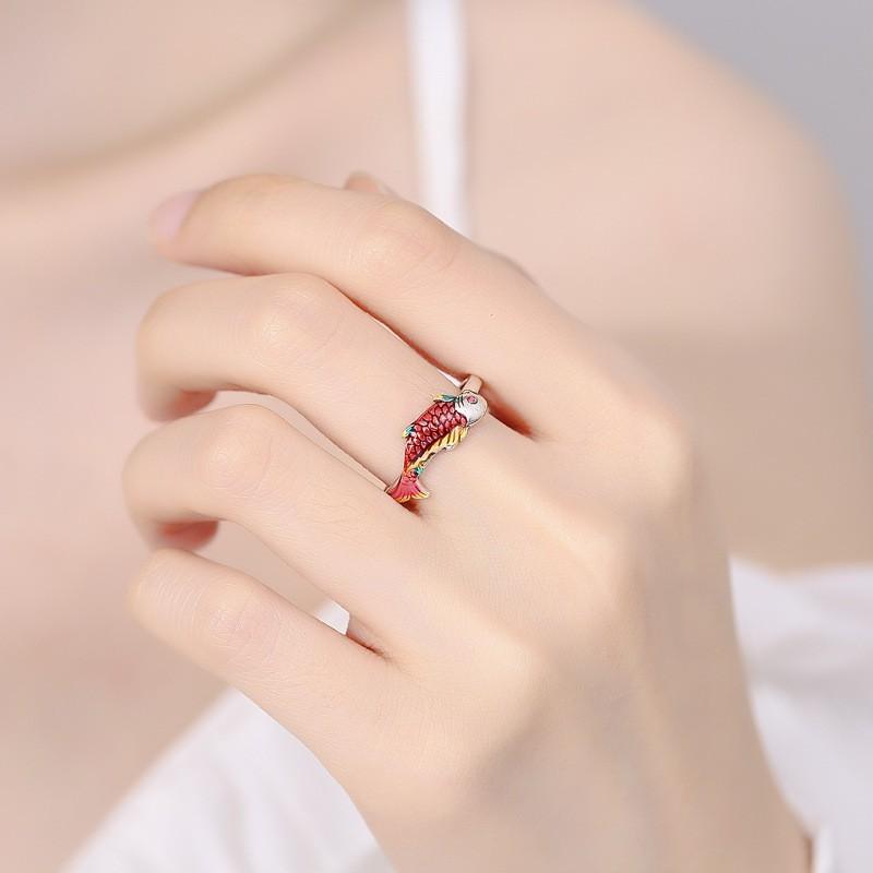Adjustable Open Ring Women Men Vintage Koi Fish Design Copper Statement Jewelry Retro Boho Style