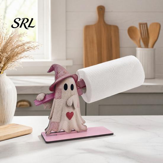 Wooden Roll Paper Stand Halloween Towel Holder, Cute Patchwork Ghost Napkin Stand, Holiday Home Accents Rustic Dispenser for Kitchen Dining