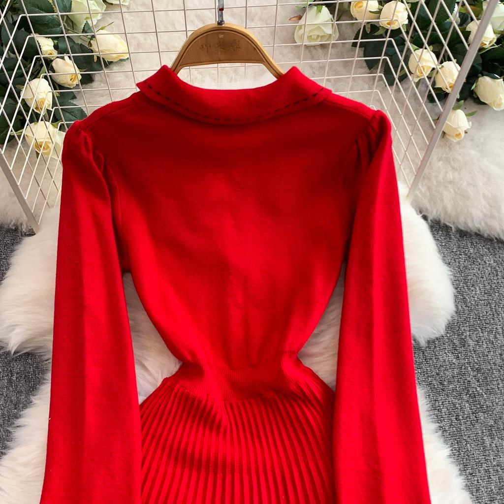 Spring Autumn Women College Stle Polo Color Full Sleeve Bowtie Knitted Sweater Mini Short Pullover Pleated Dresses