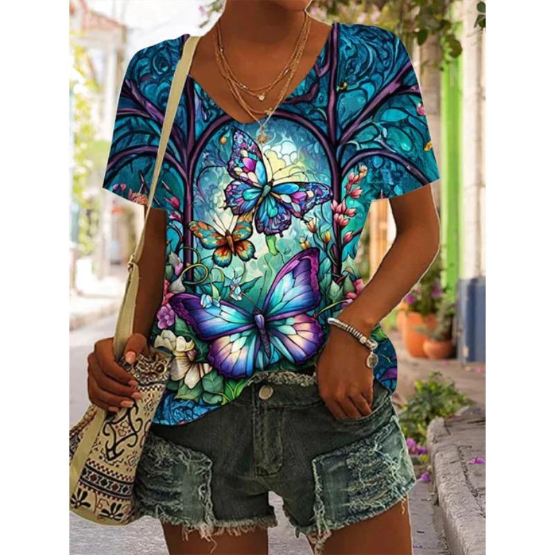 Women s Casual Printing V-Neck Short Sleeve Fashion Loose Short Sleeve T-Shirts Women’s 5XL