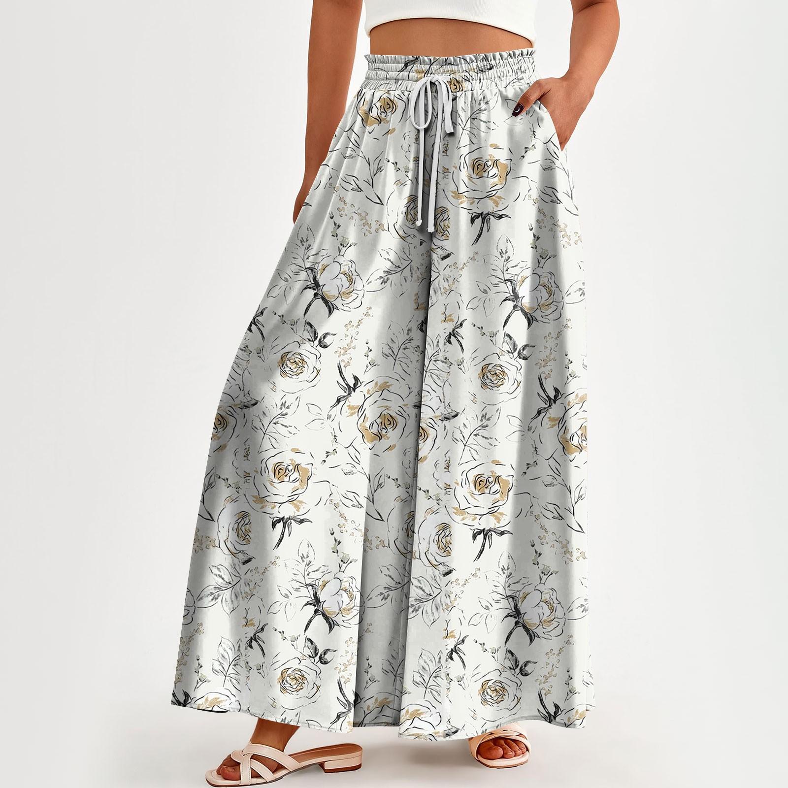 

Женские брюки с высокой талией, широкие, повседневные, струящиеся брюки-палаццо, брюки с цветочным принтом и карманом XXXL светло-серый