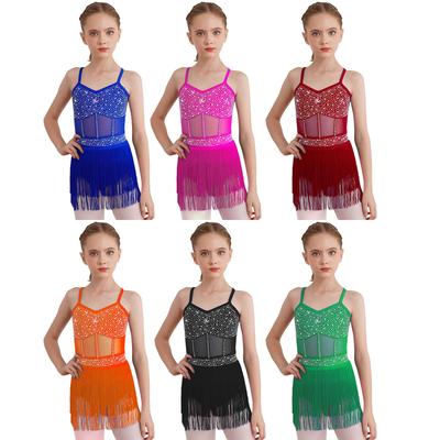 Meisjes Strass Latijnse Tango Dans Leotard Jurk Sheer Mesh Patchwork Gelaagd Kwastje Franje Eendelig Bodysuit Jurk Danskleding