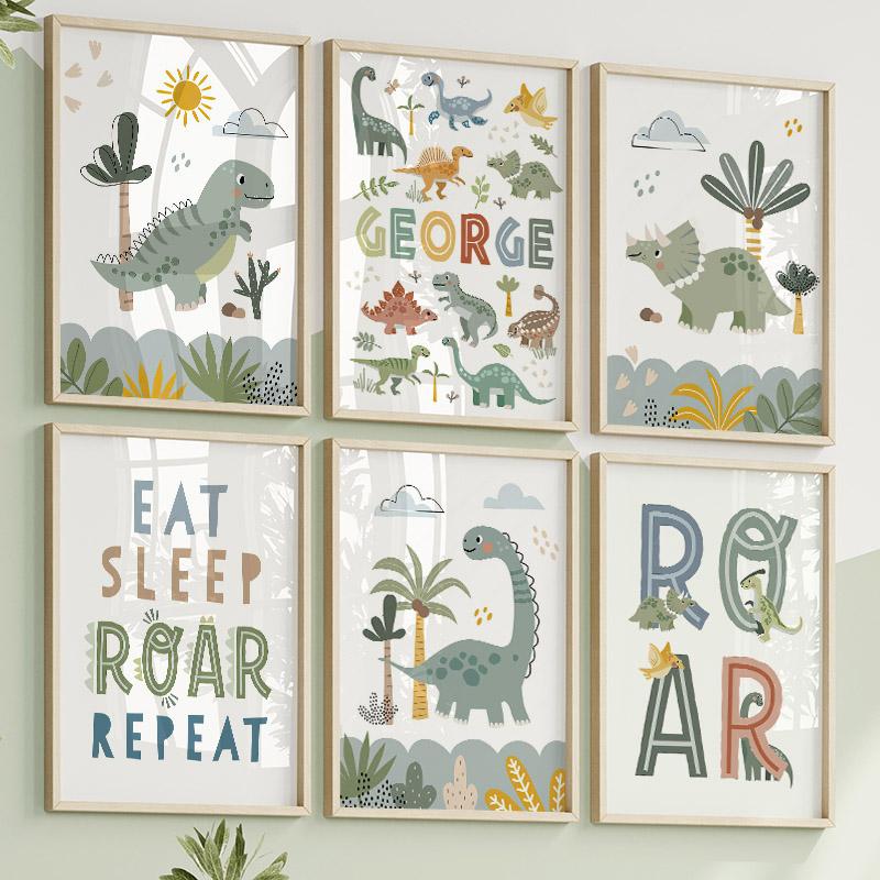 Cute Dinosaur T-Rex Brachiosaurus Nursery Wall Art Canvas Painting Nordic Dino Posters And Prints Pictures Baby Kids Room Decor
