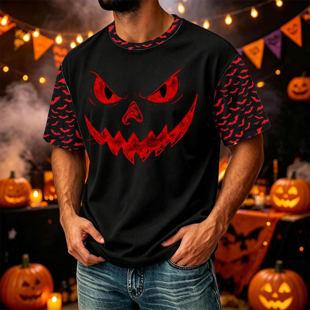 Men's Casual Corduroy Short Sleeve Crew Neck Lightweight Breathable Top Halloween Print Design Comfortable Fit