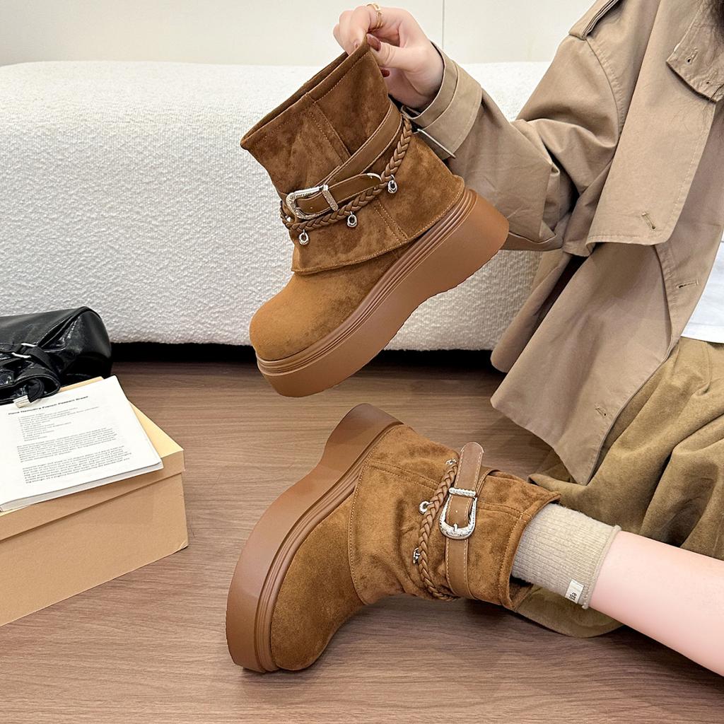 Retro suede platform short boots women's autumn and winter new woven buckle Martin boots versatile and thin motorcycle boots tide