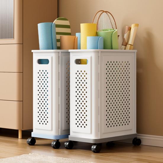 Rolling Yoga Mat Storage Basket Home Gym Storage Rack with Wheels Breathable Mesh Basket Organizer for Yoga Mats Rackets Blankets