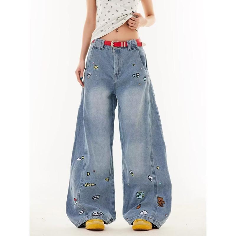 College style American retro cartoon jeans men and women loose couple straight washed wide-leg casual pants men
