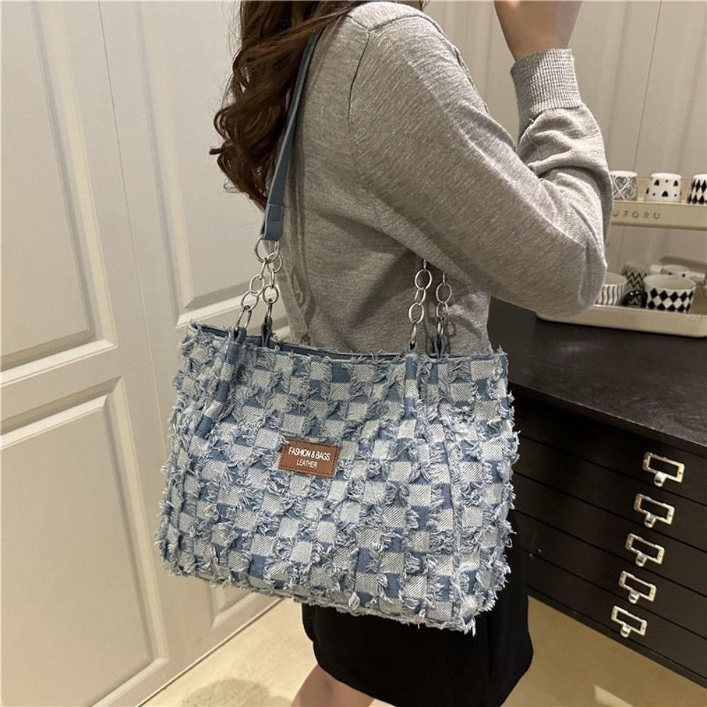 Plaid Women's Tote Bag Beggar Style Commuting Bags Korean Denim Shoulder Bags Ladies