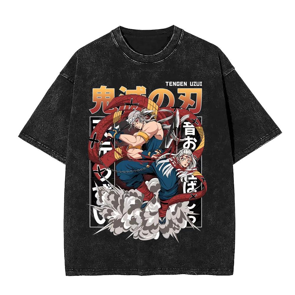 Kimetsu No Yaiba Anime Demon Slayer T-shirt Tengen Uzui Manga T-shirt Vintage Lavé Hommes Confortable Décontracté Streetwear T-shirt