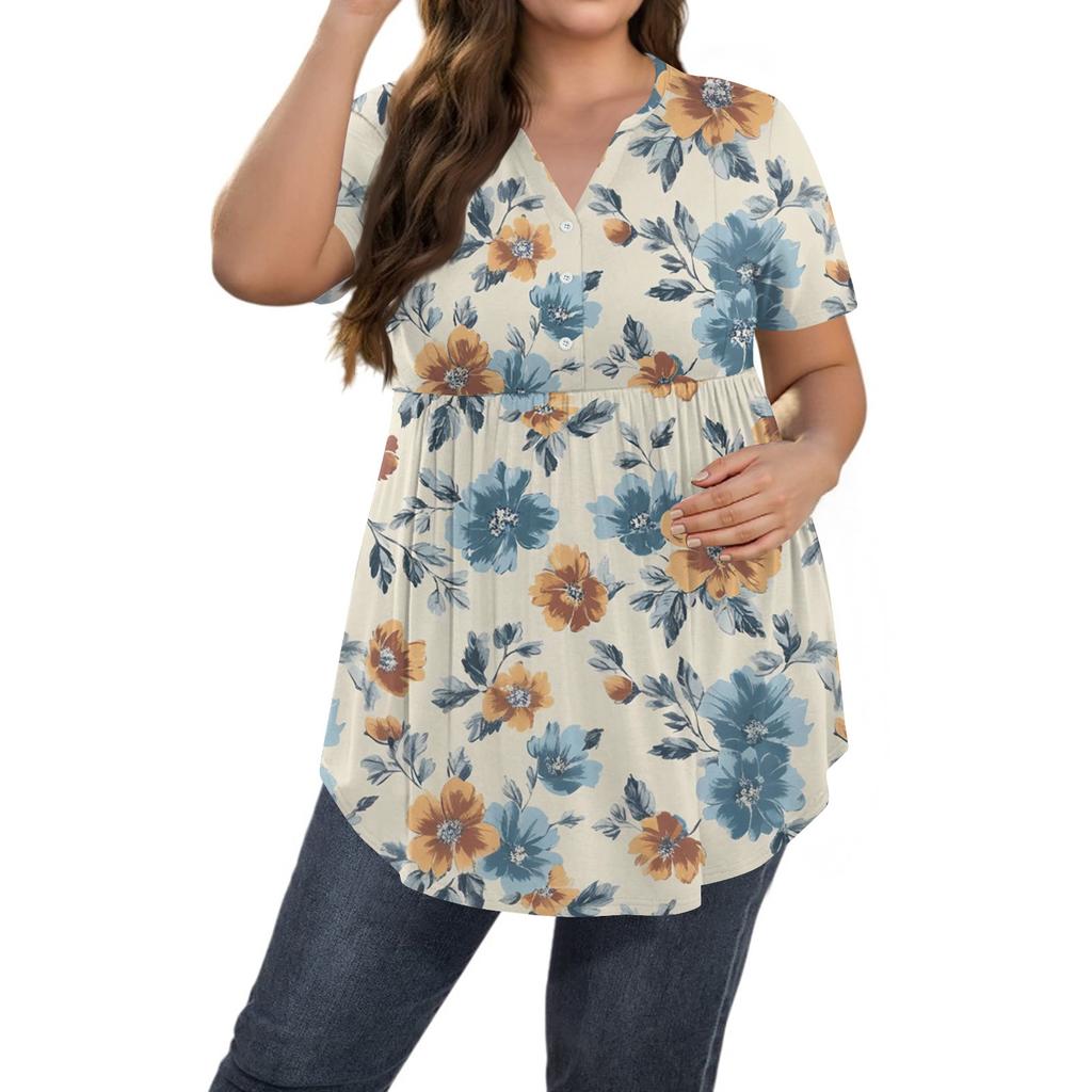 Dame Print Stor Størrelse V-hals Knapp-opp Topp Casual Kortermet Vid Topp