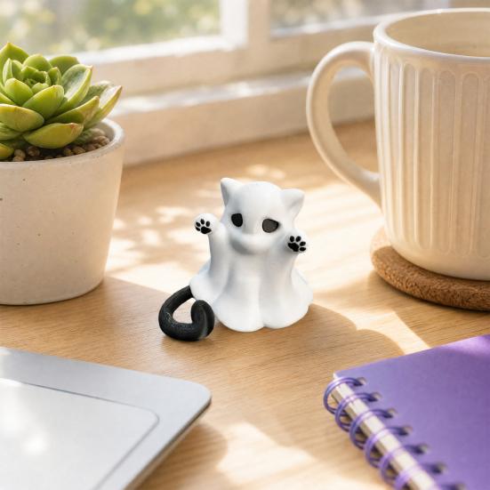 Integrated Molding Cat Ornament Ghost Figure, 3D Printed Decorative Ornament, Smooth Surface Statue Mini Desktop Decoration Halloween Gift for Lovers