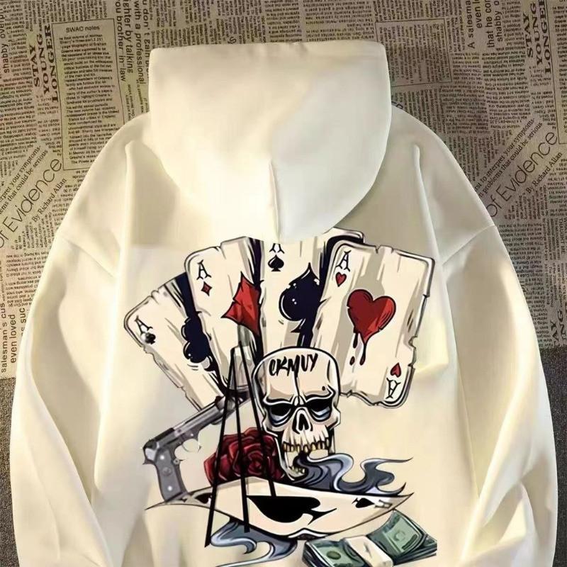 Autumn Men Pullover Hoodie Oversized Sweatshirt Fashion Loose Skeleton Poker Print Long Sleeve Couple Clothes