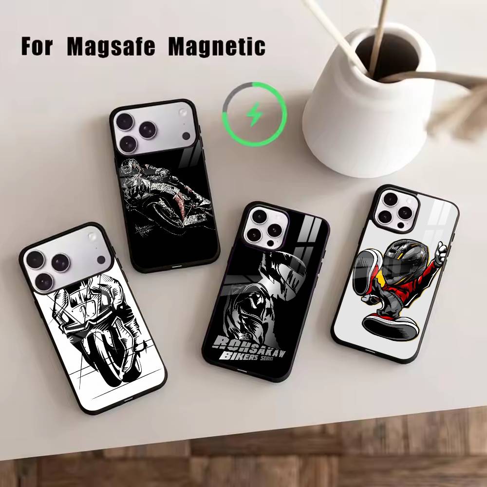 Coole Motorradfahrer Handyhülle Für iPhone17,16,15,14,13,12,11 Plus,Pro Magnetisch mit Magsafe Kabelloses Laden