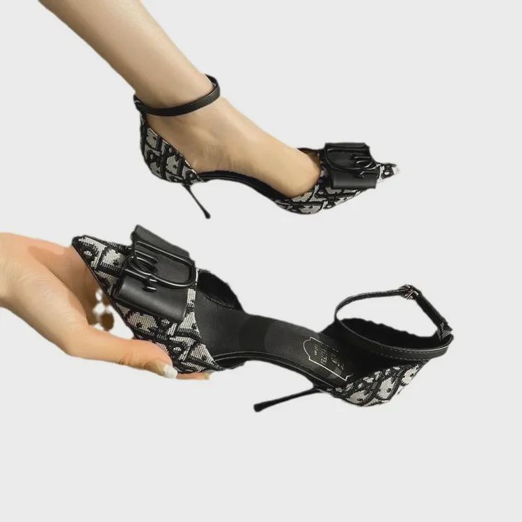 "Summer 2024 Women's Black Pointed Toe Stiletto Heels with Single Strap - Comfortable and Stylish"