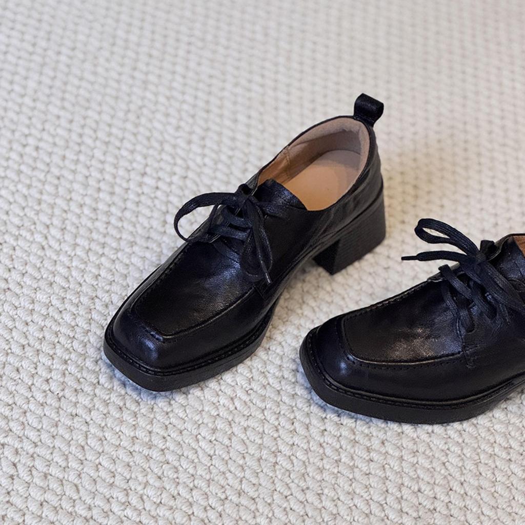 Women's shoes French retro deep cut round toe thick heel British small leather shoes lace up commuting single shoes