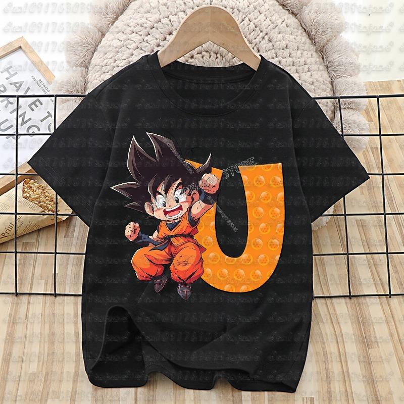 Dragon Ball Goku T-shirt Cotton Children A-Z Letter Tee Top Black Round Collar Clothing Boys Girl Summer Short Sleeve Kids