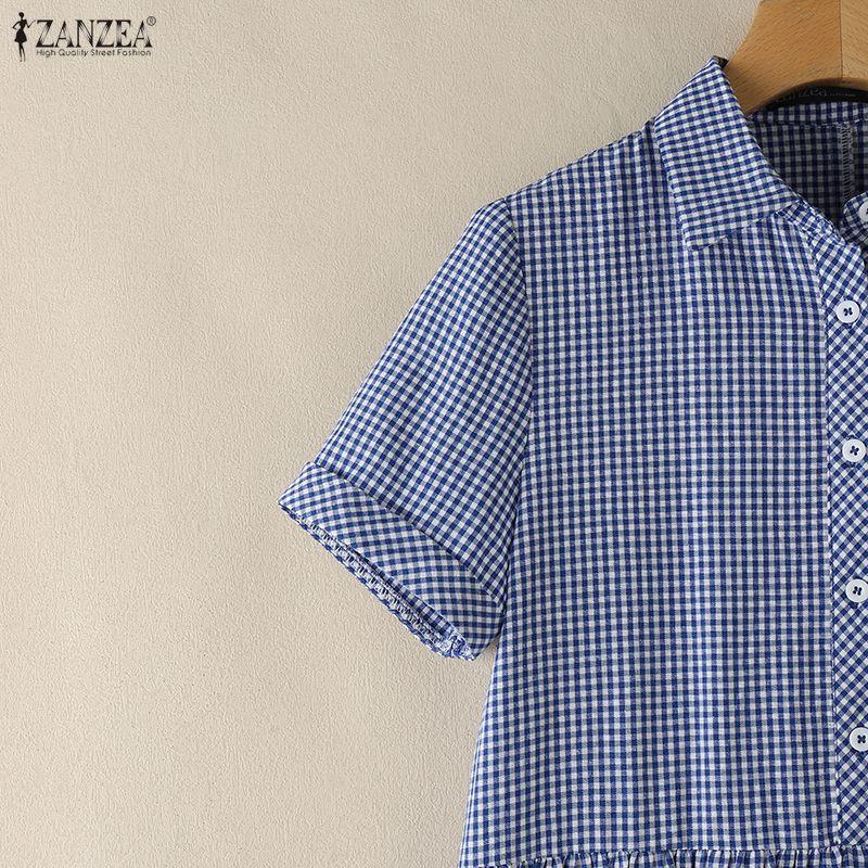 ZANZEA Women Plaid Print Casual Turn Down Collar Short Sleeve Dress