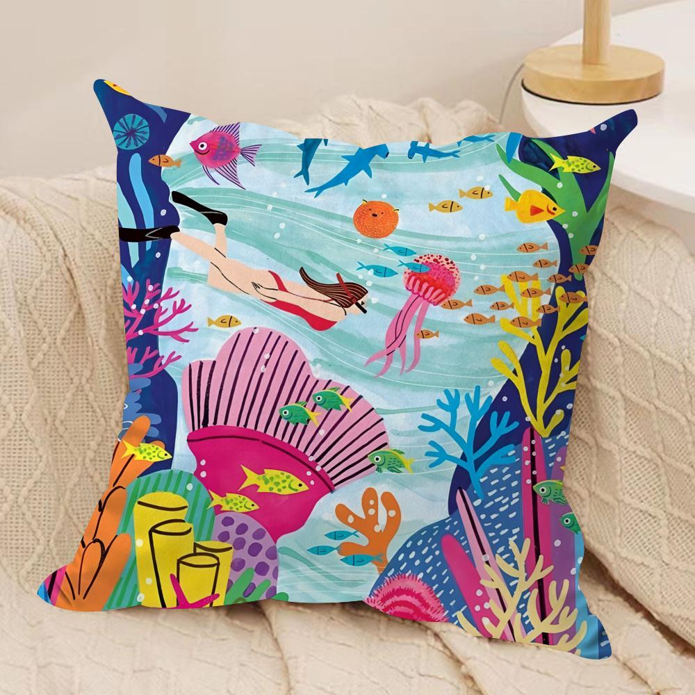 Marine Animals Summer Ins Cushion Cover Silky Short Plush Invisible Zipper Dustproof Sofa Pillow Case For Home Decor