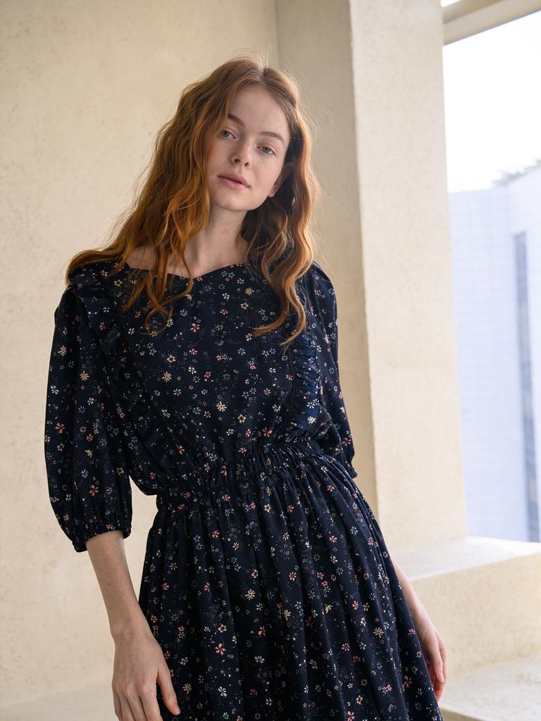 CAHIERS Heartneck Flower Frill Long Dress_Navy
