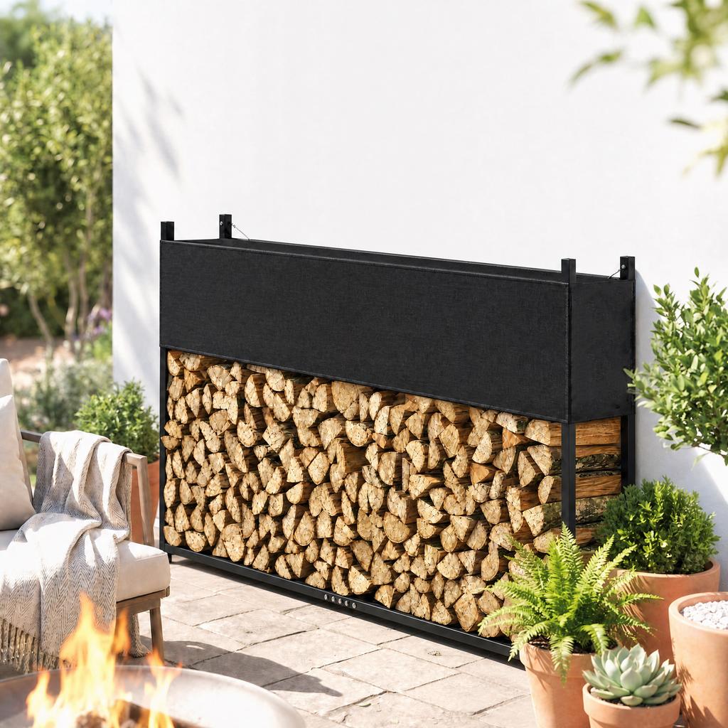 Firewood Rack 202 X 25 X 113 Cm Firewood Rack with 600D Oxford Cover Steel Frame Up To 500 Kg Black