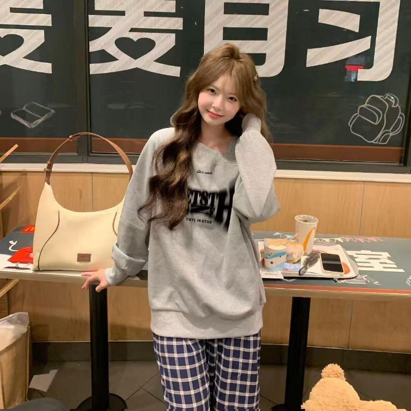 Korean Letter Print Loose Round Neck Top T-shirt for Men and Women Early Autumn New American High Street Versatile Sweatshirt